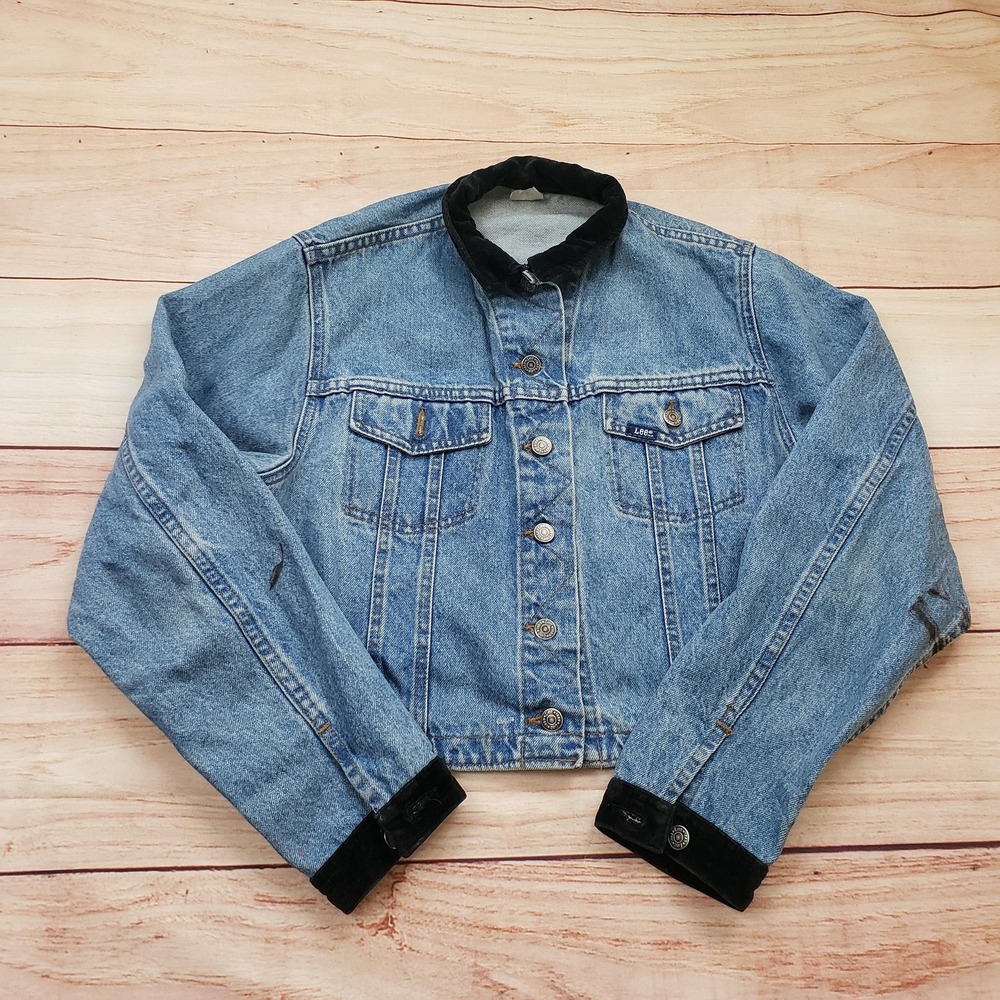 Vintage Lee Denim Jacket Womens Small Blue Trucker Corduroy Collar Cuffs 90s